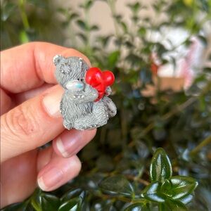 Gray Bear Brooch Pin with Red Heart